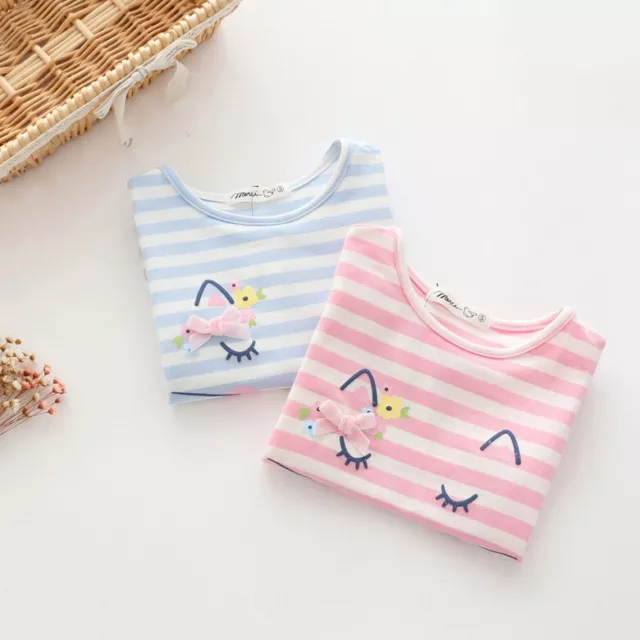 USA Toddler Kids Baby Girl Summer Tops T-shirt Cotton Striped Cat Face Shirts 3