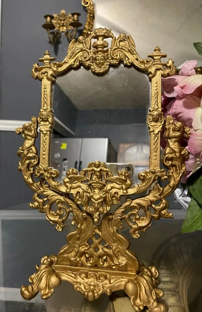Vintage Ornate Small Mirror on Swivel Stand. Made of Cast Iron. RARE!