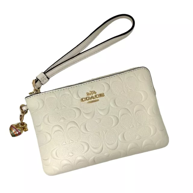 Coach Signature Logo Chalk White Leather Corner Zip Wristlet Heart Charm C6879