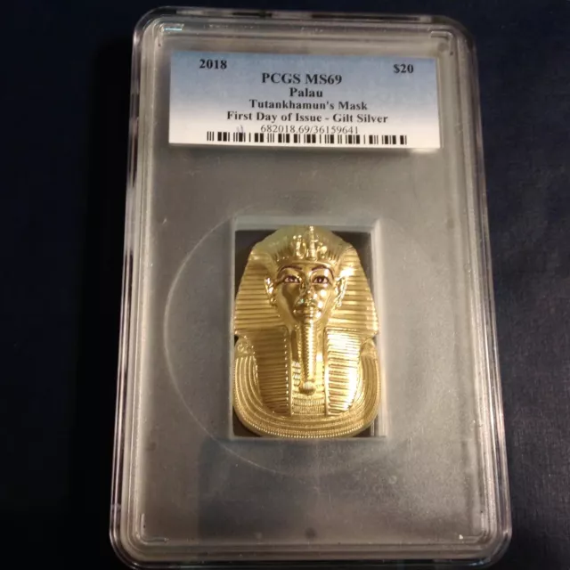 2018 Palau $20 PCGS MS69 Tutankhamen’s Mask - First Day Issue Gilt Silver 3oz