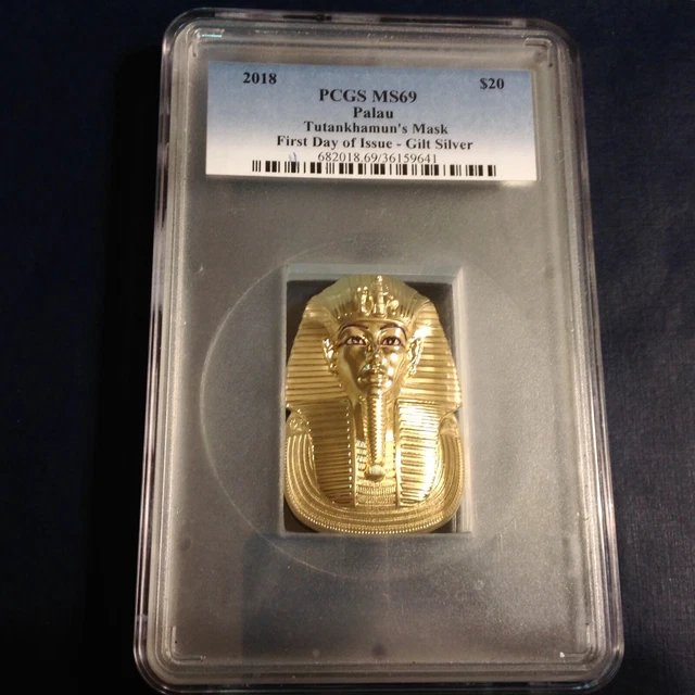 2018 Palau $20 PCGS MS69 Tutankhamen’s Mask - First Day Issue Gilt Silver 3oz cd