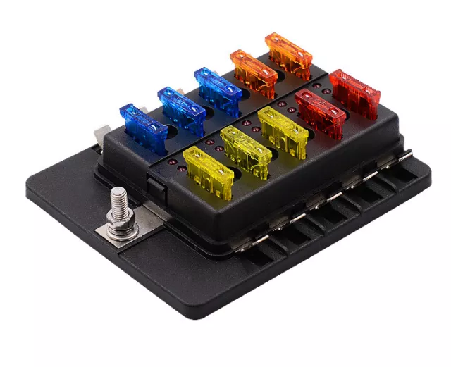 10 Way Standard Blade LED Fuse Box Holder With Failure 12V/24V Light Car Marine