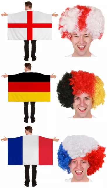 Football Rugby Supporters Costume Wearable Country Flag Cape And Afro Wig Set