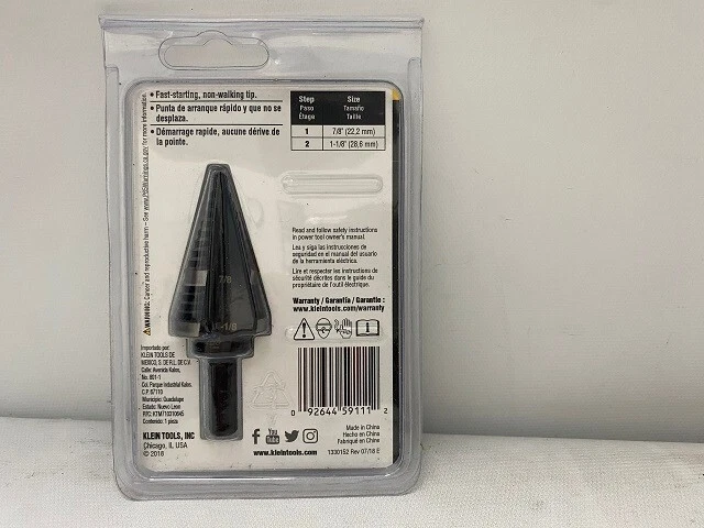 Klein Tools KTSB11 Double Fluted Step Drill Bit 7/8" or 1 1/8' holes 2