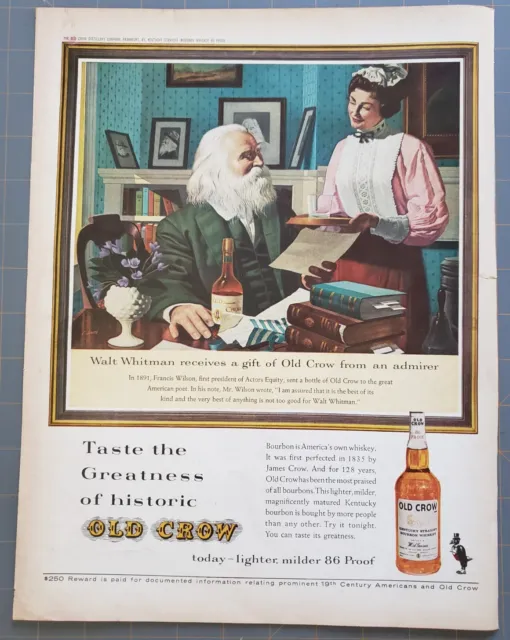 1963 Old Crow Kentucky Whiskey Milder Walt Whitman Old Books Portrait Print Ad