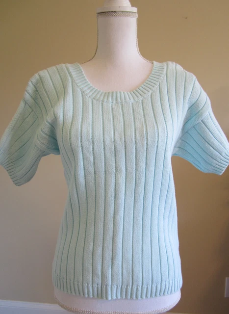 Vtg 80's Round Neck Baby Blue Short Sleeve Ribbed Sweater Womens Sz M