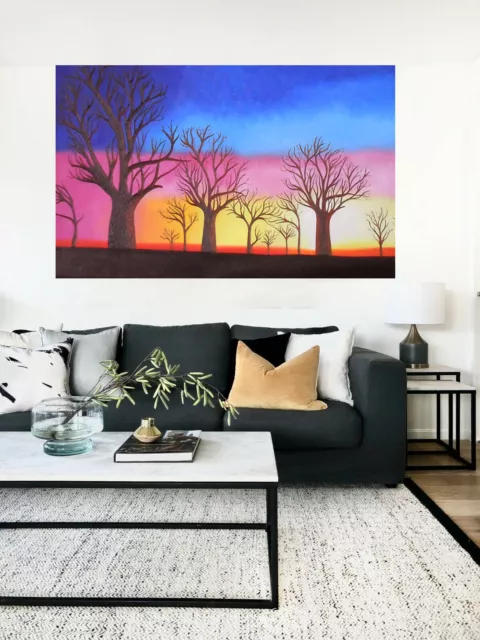 original Painting blue Art Framed canvas  Boab Tree Sunset Australia