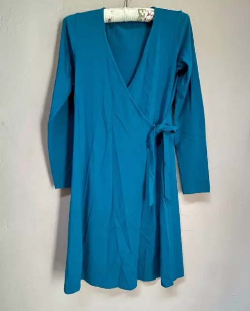 Synergy Womens Blue Organic Cotton Blend Long Sleeve Wrap Dress Size S Stretch