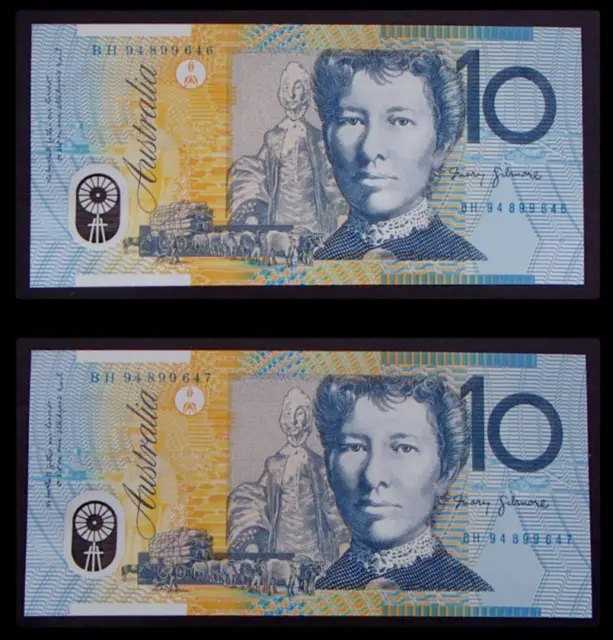 1994 Australia Pair $10 Dollar Blue Dobell Uncirculated Consecutive Notes - E3