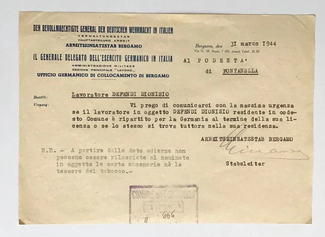 DOCUMENTO ITALO/TEDESCHI 2gm RSI 1944 Document Italy/germany WWII