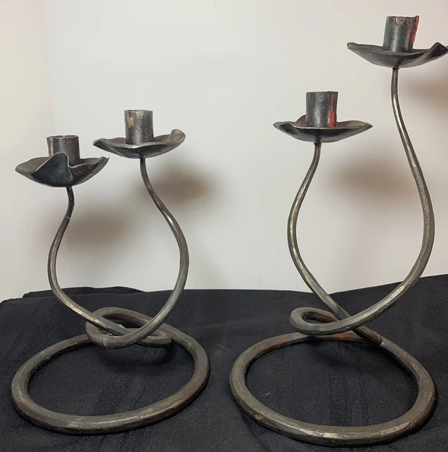2 Large Vintage Hand-forged Wrought Iron Rustic Organic Arts Crafts Candlesticks