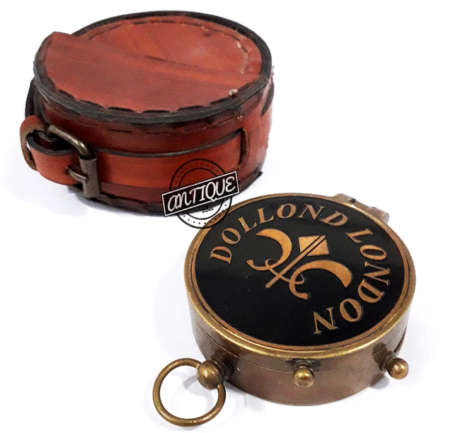 Brass Compass With Leather Case/Box Nautical/Marine Old Dollond London Engraved.
