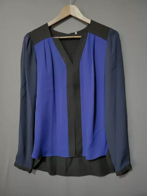 Elie Tahari Women's Blue Long-Sleeve Colorblocked Silk Blouse Top Size Small