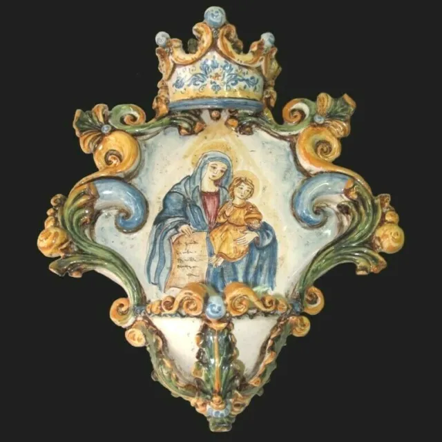 Acquasantiera barocca 25x35 cm Madonna della lettera in Ceramica di Caltagirone