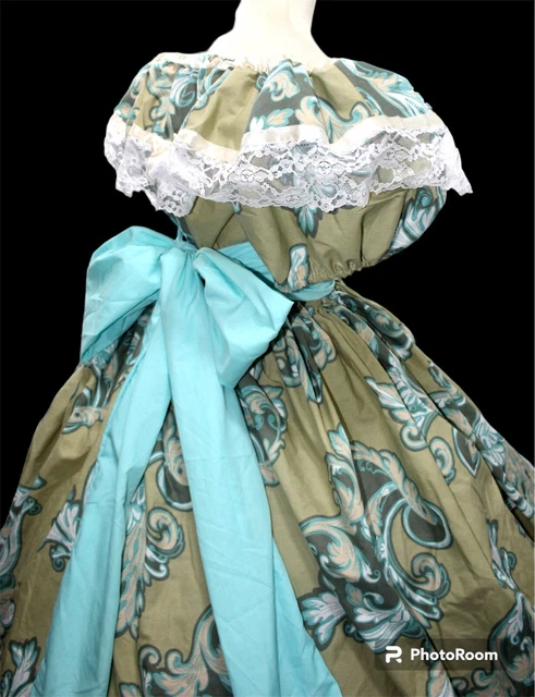 ONE OF A KIND!!! Victorian Civil War Dress ivory aqua-Sm-medium-LG cotton-Ready!