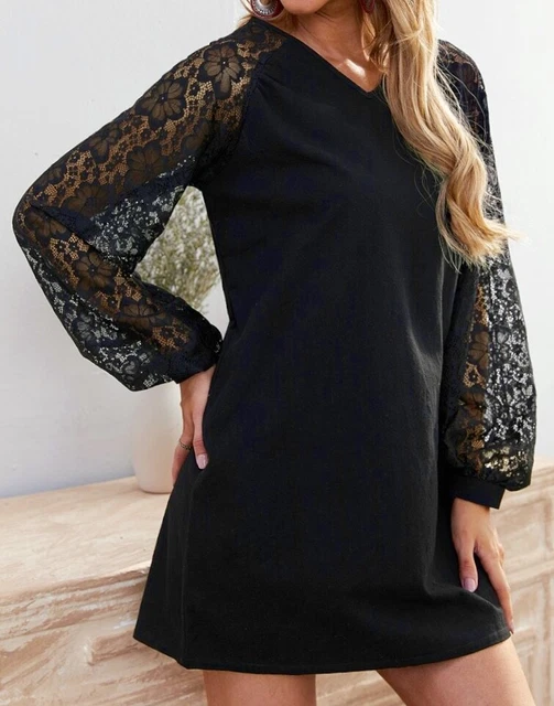 Robe Tunique Noire Col En V - Manches Bishop Dentelle, Taille L, Emery Rose - Neuf