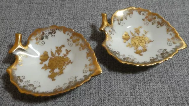 Vintage Pair Miniature Precious French Limoges Porcelain Leaf Trinket Pin Dish