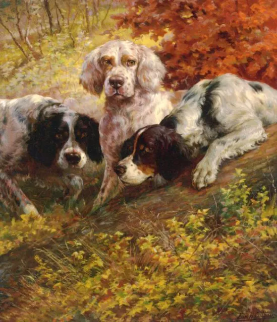 Oil animal dog Edmond-H.-Osthaus-Three-Setters-on-the-Scent hounds in landscape