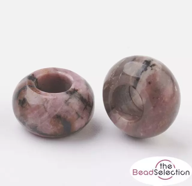 2 RHODONITE GEMSTONE RONDELLE DONUT BEADS 14mm x8mm EUROPEAN LARGE HOLE 6mm GS70