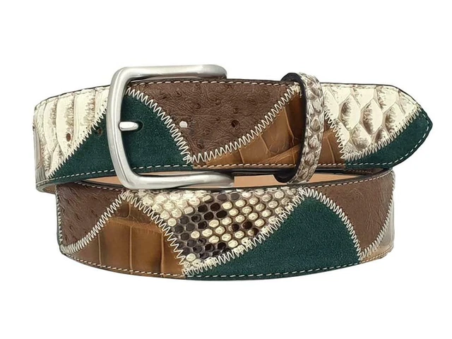 Ceinture 4 cm en autruche et python , boucle sans nickel -Couleurs: Avio , Vert