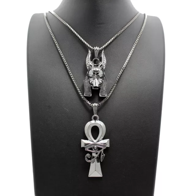 Egyptian Anubis, Ankh Pendant 24",30" Box Chain 2 Necklace Set RC2483HE