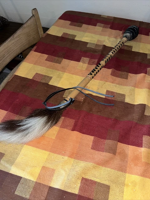 Vintage Native American Indian Carved War Club Tomahawk Feathers Leather Tourist