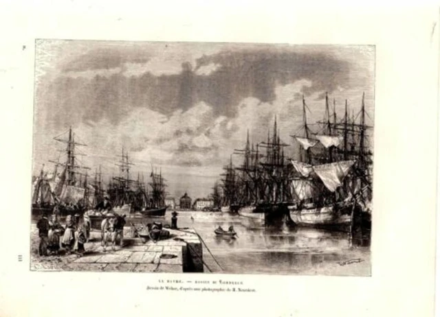 GRAVURE SUR BOIS 19ème LE HAVRE BASSIN DU COMMERCE