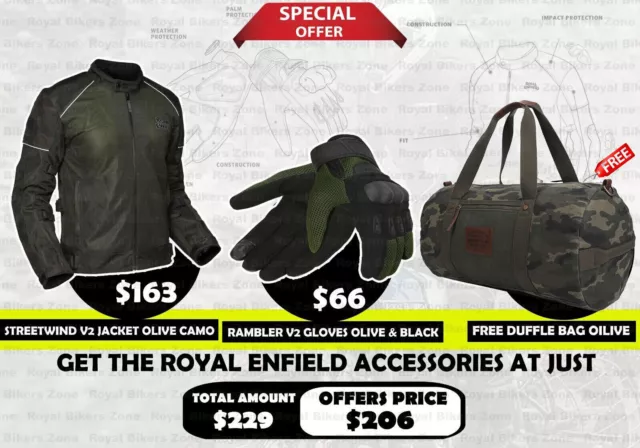 Royal Enfield "VESTE STREETWIND V2 OLIVE CAMO & GLOVE avec sac de sport gratuit"