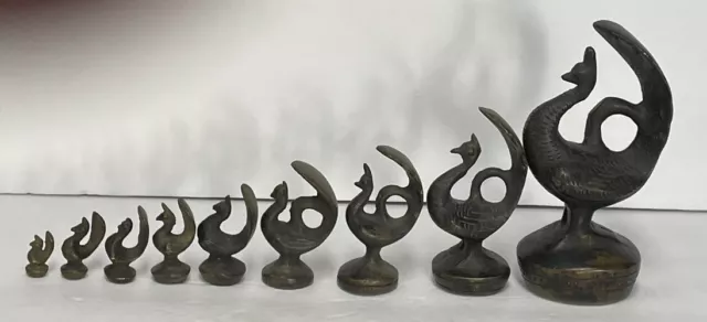 Rare Set Antique Burmese Opium Scale Bronze Weight Set Peacock 9 Pc Vtg Weights