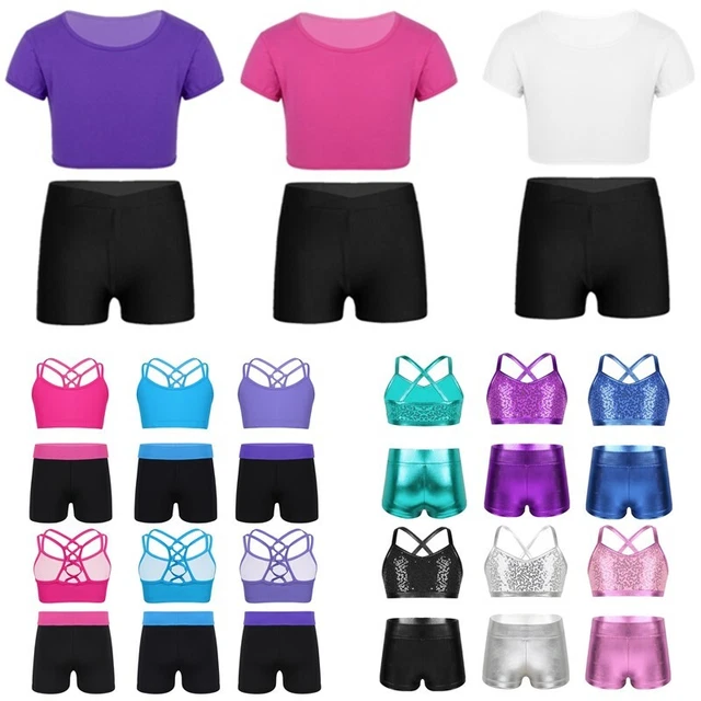 Girls Athletic Tracksuit Tank Crop Top Shorts Set Gymnastics Running Exercise