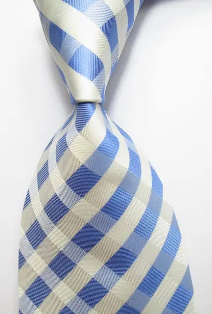 New Classic Checks Blue White JACQUARD WOVEN 100% Silk Men's Tie Necktie