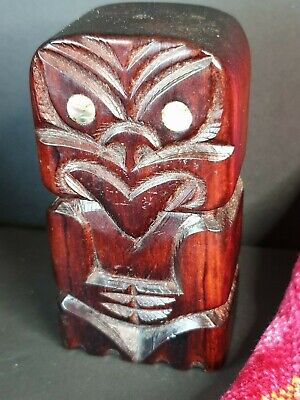 Old New Zealand Carved Wooden Maori Tiki Salt Shaker w Paua Eyes 3