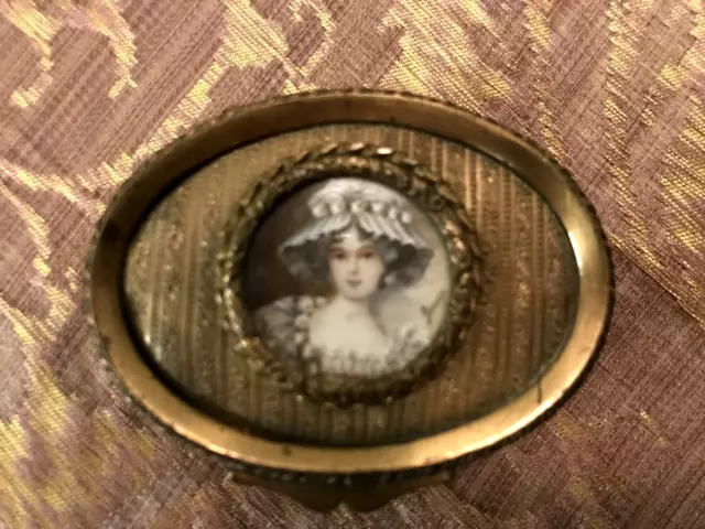 Antique Miniature French Ormolu Brass 19th Century Trinket Box Painted Portrait