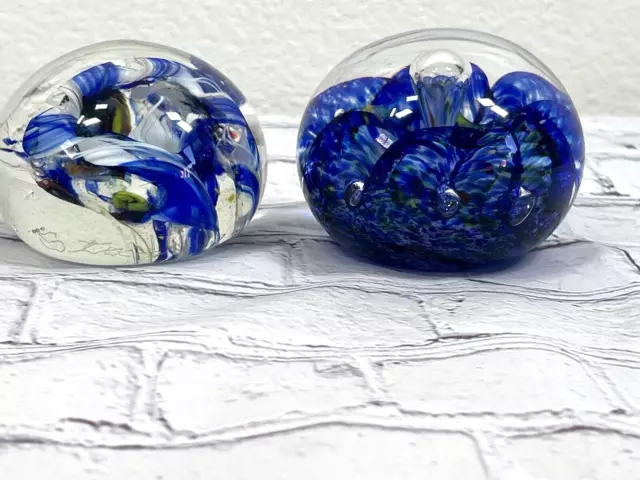 2 vtg hand blow art glass paper weights signed