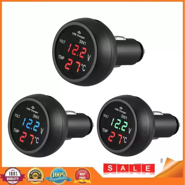 Prosperveil 3-in-1 12/24 V Auto LED Digital Voltmeter Gauge + Thermometer + USB-