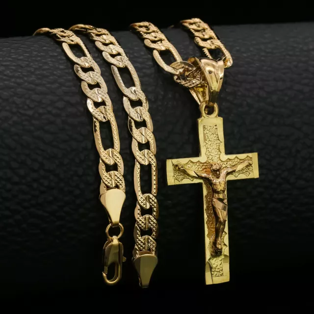 Hip Hop Jesus Cross (s-3) Pendant Solid Gold Plated 24" Figaro Chain Necklace