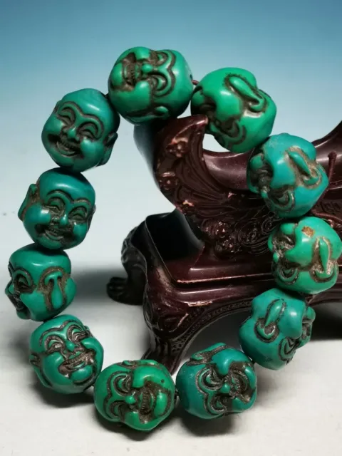 Good Chinese Old Exquisite Blue Turquoise Carved Buddha Head Bracelet Sd4
