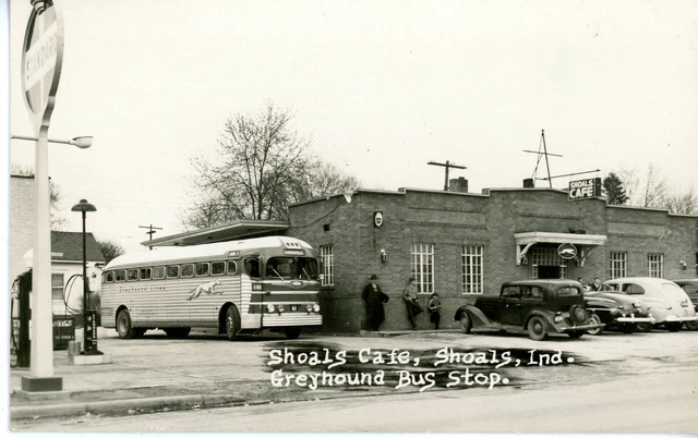Vtg RPPC Postcard Street Scene Shoal's Cafe Greyhound Bus Shaols Indiana