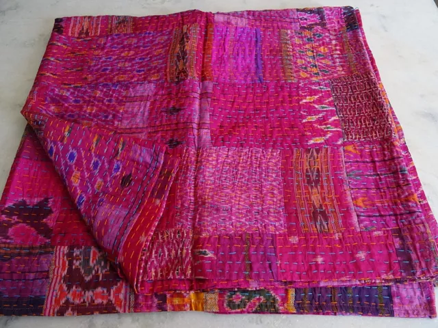 Silk Patola Patchwork Indian Handmade Kantha Quilt Throw Bedspread Blanket Boho