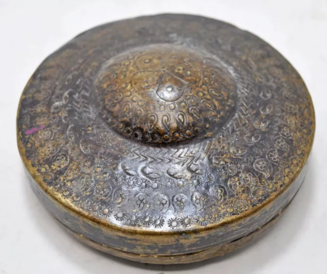 Antique Brass Round Travelling Vanity Box Original Old Hand Crafted Engraved