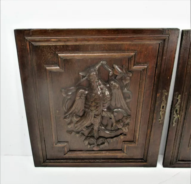 Pair Antique French hand Carved Oak Birds  Door Panels Reclaimed Architectural
