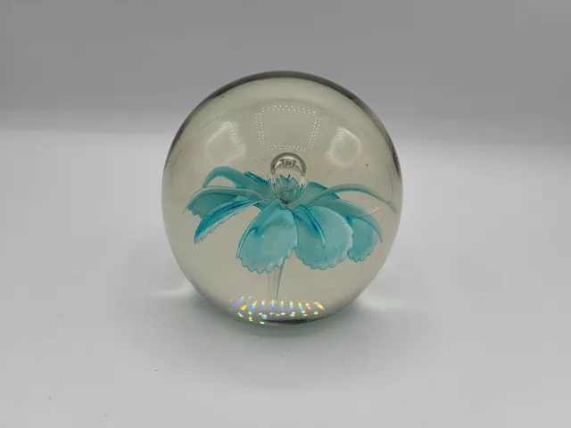 Art Glass Paperweight ~3" Controlled Bubble Blue Flower