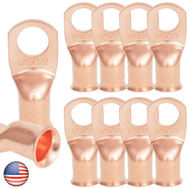 Pure Copper Electrical Wire Cable Ends Lugs Crimp Terminal Connector 1/0AWG 1/2"