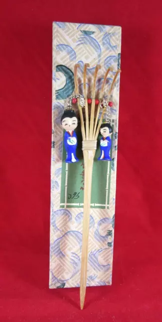 Japanese Bamboo Rake Hair Stick with 2 Dolls  Made in Japan