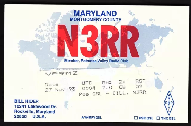 QSL QSO RADIO CARD "Maryland/Montgomery County/N3RR/Bill Hider", MD (Q2295)