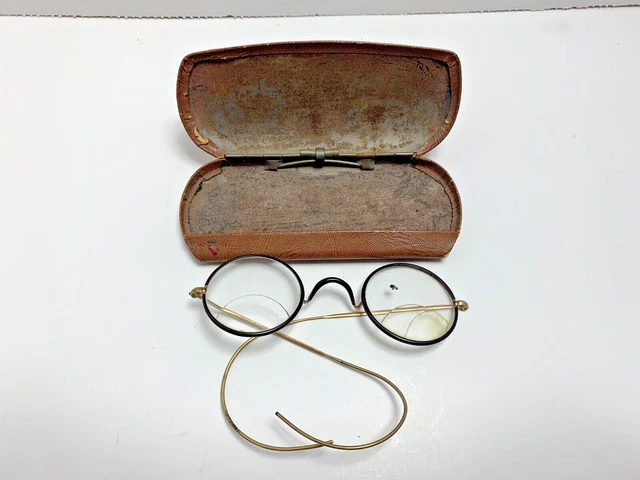 Antique Spectacles In Orig Case Gold Wire Frame Brown Bakelite Round Lens READ
