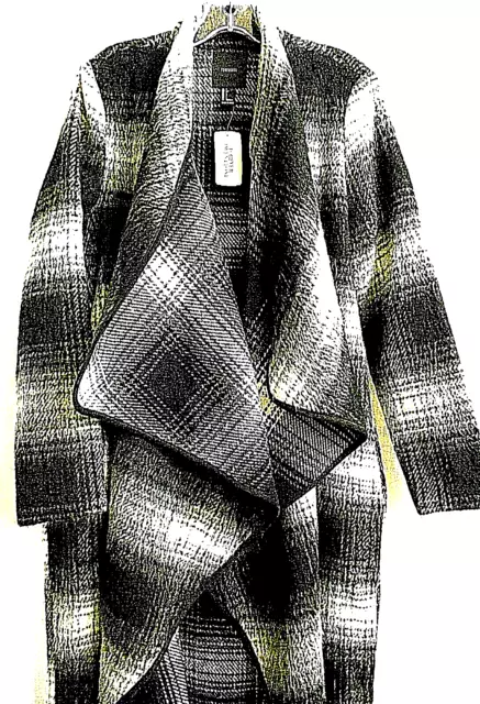 NWT Faux Mohair Open Front Long Winter Coat Size S Gray Black Plaids Wrap Collar