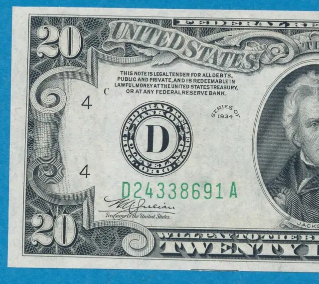 $20. 1934 New York  Green Seal  Federal Reserve Note Beautiful Gem New