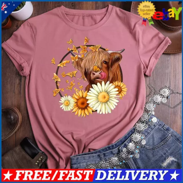 Farm cow and daisies Round Neck T-shirt-0020901