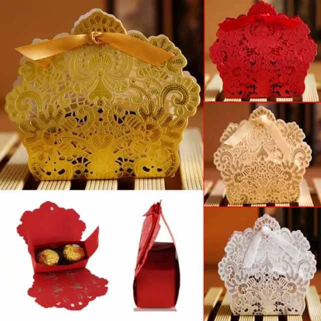 30/50/100X Lace Laser Cut Wedding Party Favor Sweet Candy Gift Boxes with Ribbon